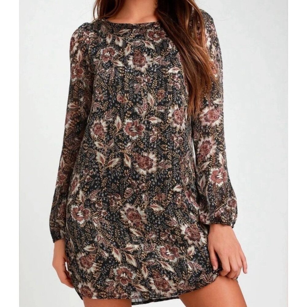 LULUS Ashford‎ Dark Floral Print Long Sleeve Shift Dress Size S